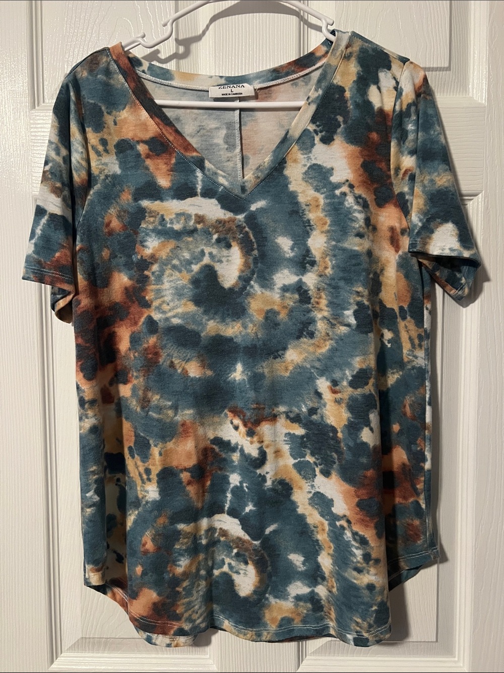 Zenana Tie-Dye V-Neck Short Sleeve Top - Teal & Rust